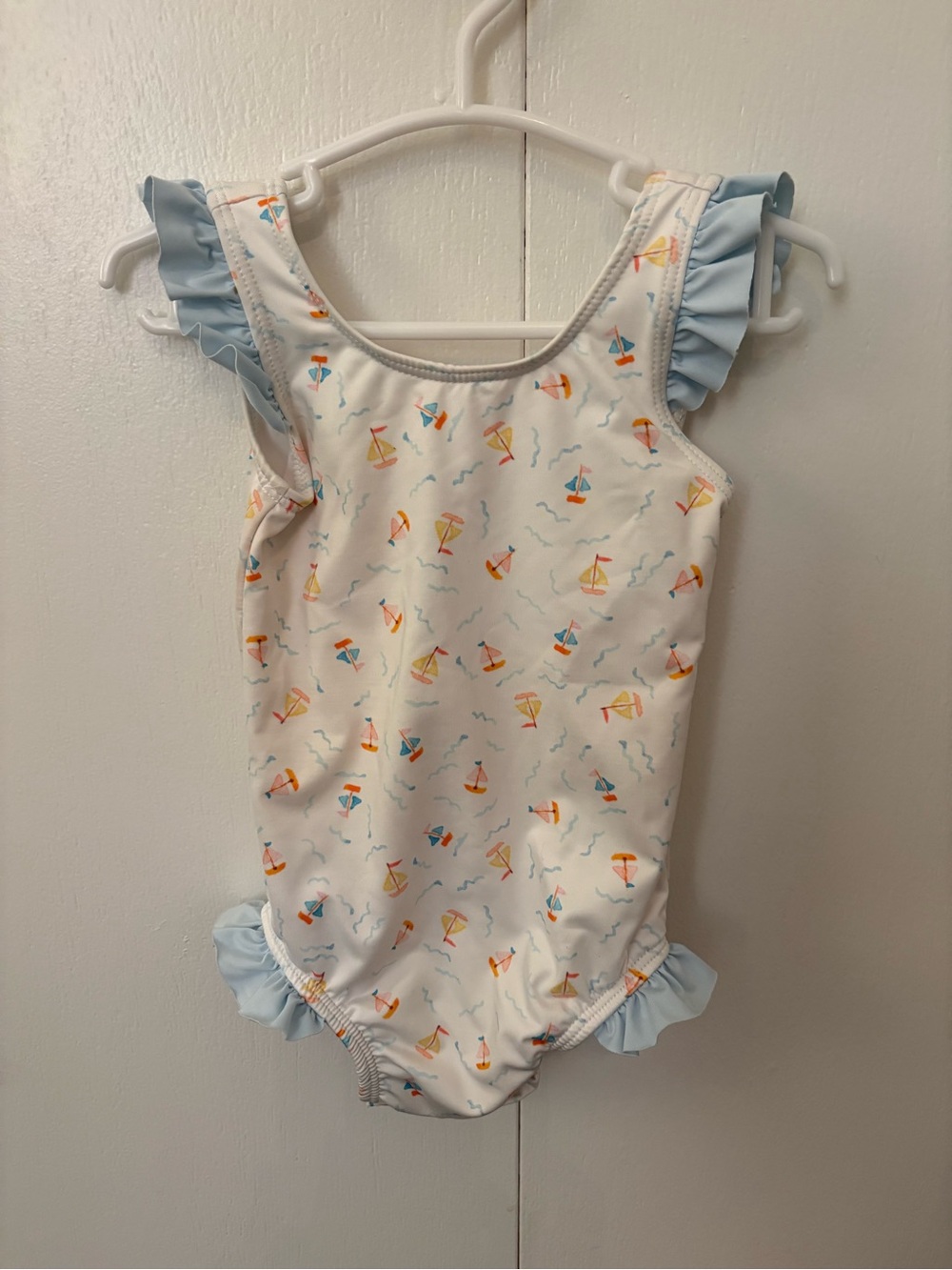 Girls' White Sailboat Print One-Piece Swimsuit with Light Blue Ruffles